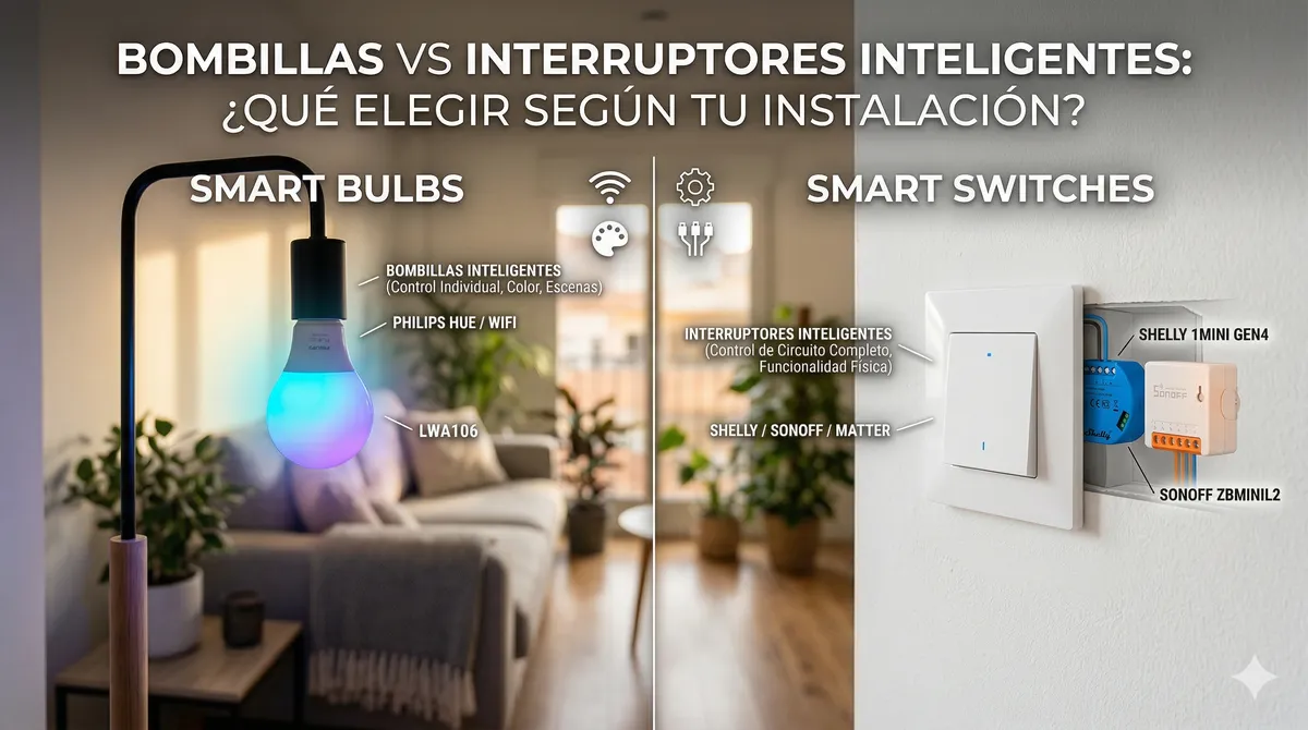 Infografía comparativa entre bombillas inteligentes Philips Hue y WiFi frente a interruptores inteligentes Shelly y Sonoff para domótica.