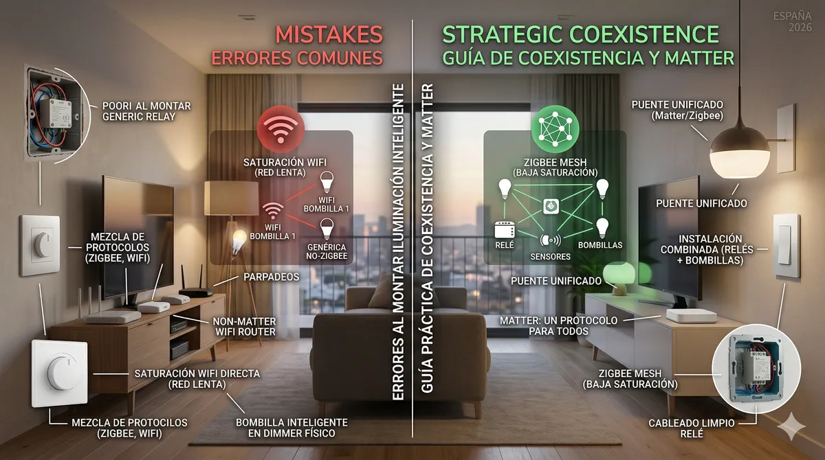 Guía de errores comunes en iluminación inteligente: saturación de red WiFi frente a la estabilidad de redes Zigbee Mesh y Matter.