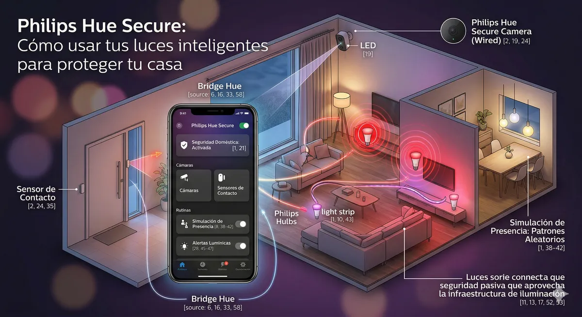 Infográfico isométrico de Philips Hue Secure con cámara wired, Bridge Hue, sensor de contacto, tiras de luz y bombillas inteligentes, con app mostrando simulación de presencia y alertas lumínicas.